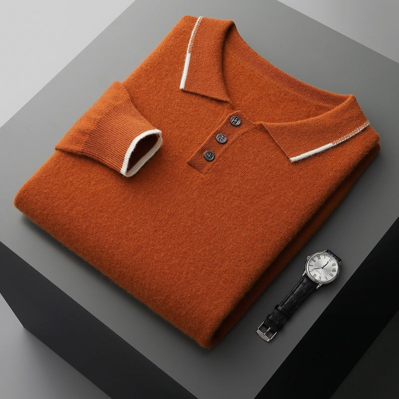 Men's Long Sleeve Polo Collar Casual Fashion Color Block Long Sleeve Knitted Sweater