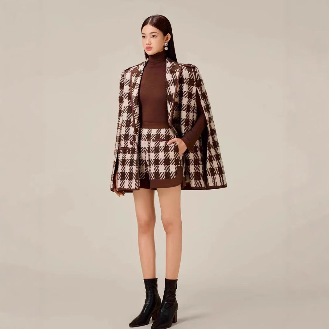 “Women’s Houndstooth Wool Cape Coat & Shorts Set Winter Outfit”