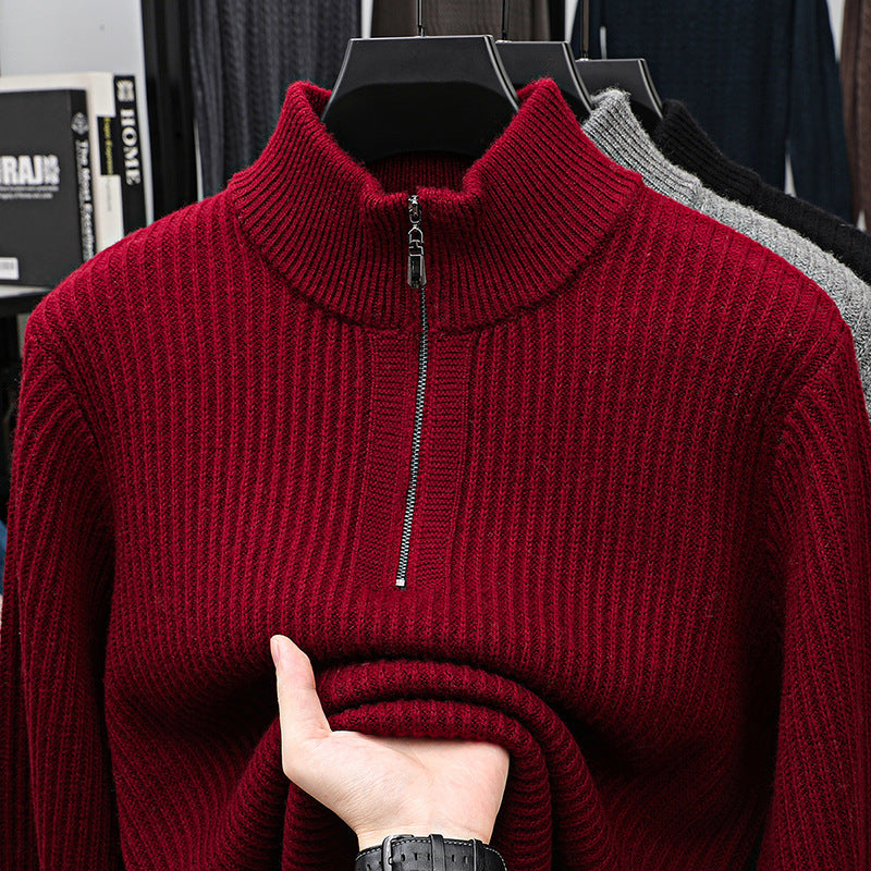 Thickened Men's Half-zip Stand-up Collar Pure Wool Knitted Pullover Warm Sweater