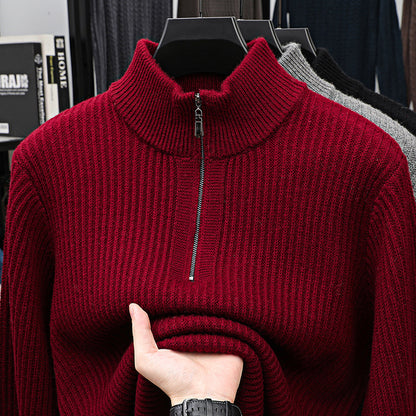 Thickened Men's Half-zip Stand-up Collar Pure Wool Knitted Pullover Warm Sweater