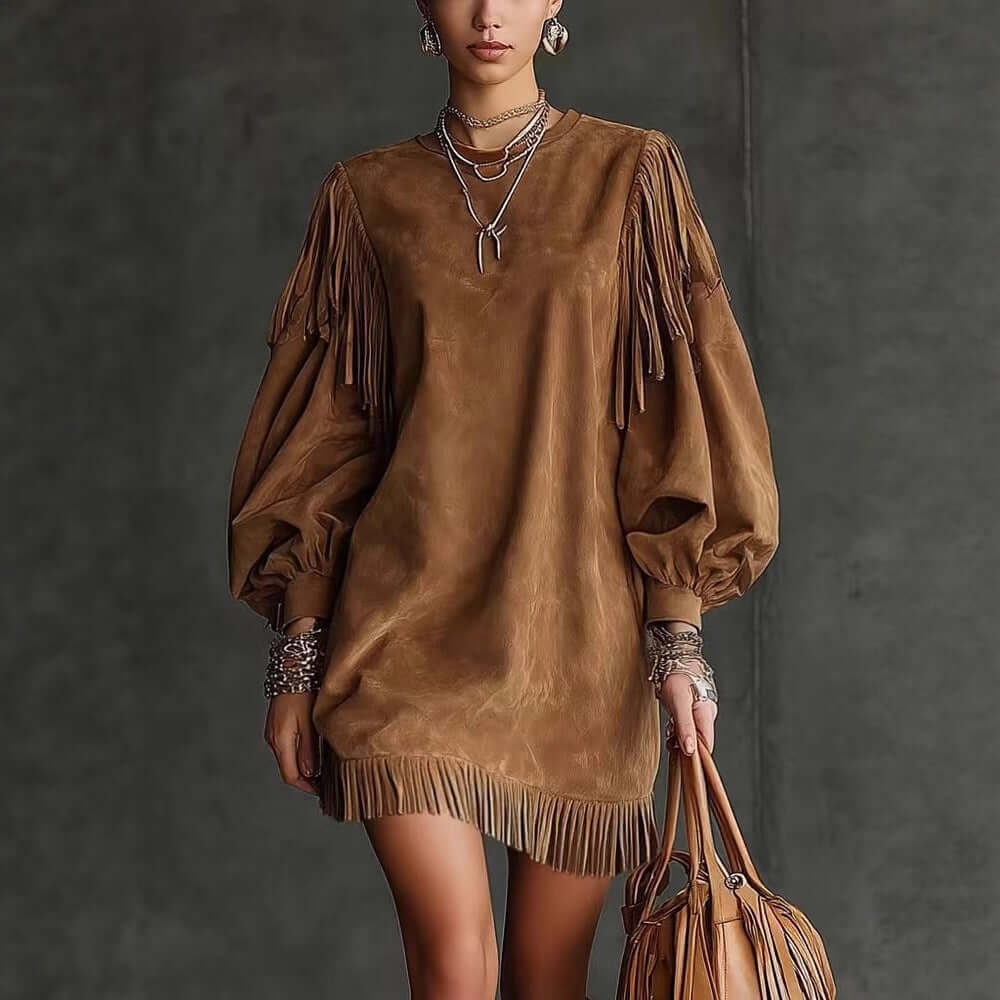 Ladies Fringe Loose Dress – Solid Color Casual Tassel Style Outfit