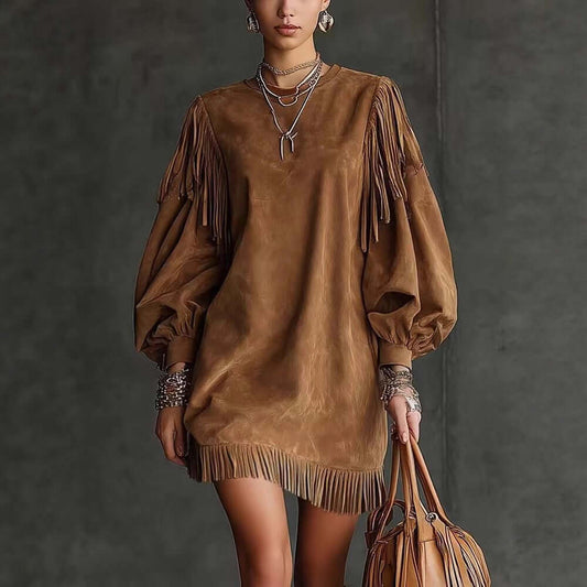 Ladies Fringe Loose Dress – Solid Color Casual Tassel Style Outfit