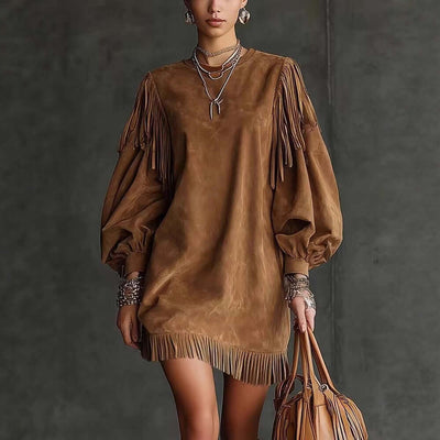 Ladies Fringe Loose Dress – Solid Color Casual Tassel Style Outfit