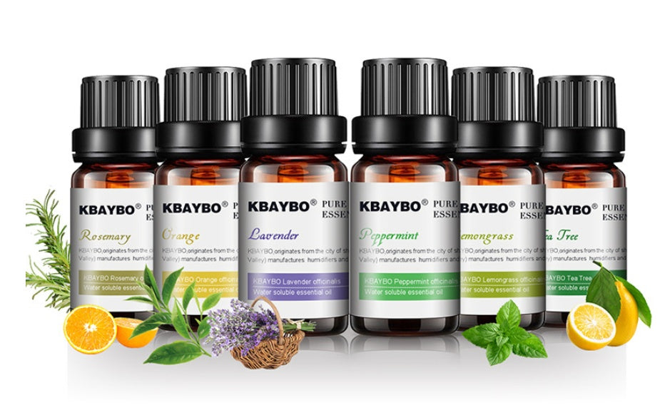 A collection of Botanical Aromatherapy Essential Oils including Rosemary, Orange, Lavender, Peppermint, and Tea Tree.