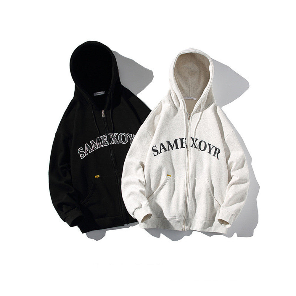 Alphabet-print Hooded Cardigan Sweater On White