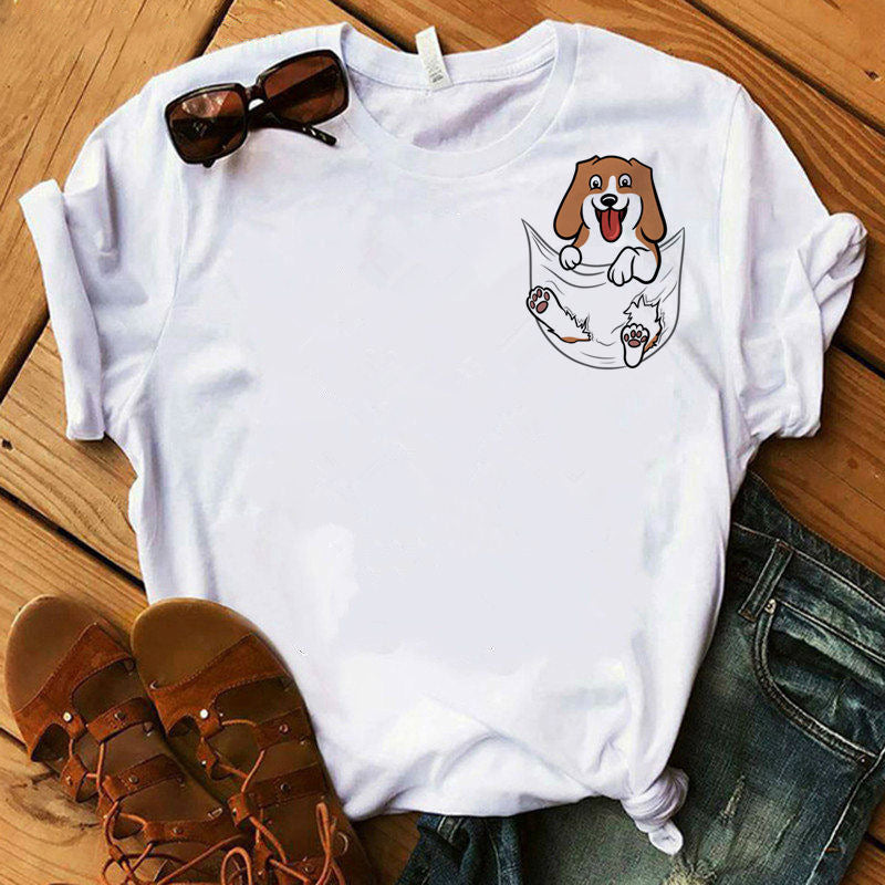 Women’s Summer Kawaii Dog Graphic T-Shirt – Cute Digital Print Casual Short-Sleeve Top