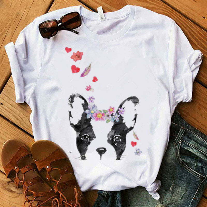Women’s Summer Kawaii Dog Graphic T-Shirt – Cute Digital Print Casual Short-Sleeve Top