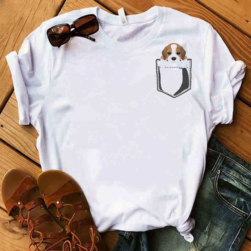 Women’s Summer Kawaii Dog Graphic T-Shirt – Cute Digital Print Casual Short-Sleeve Top