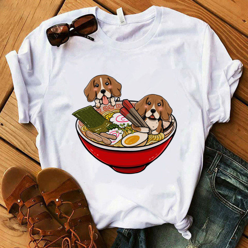 Women’s Summer Kawaii Dog Graphic T-Shirt – Cute Digital Print Casual Short-Sleeve Top