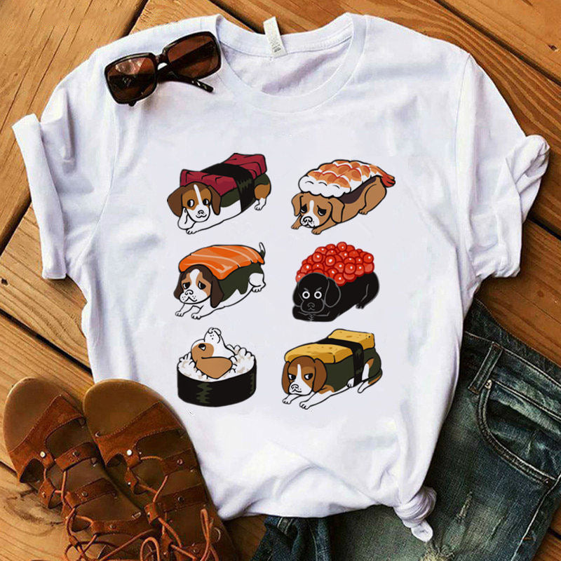 Women’s Summer Kawaii Dog Graphic T-Shirt – Cute Digital Print Casual Short-Sleeve Top