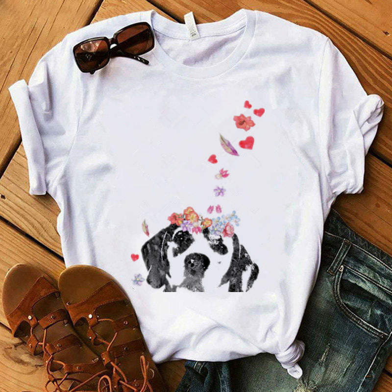 Women’s Summer Kawaii Dog Graphic T-Shirt – Cute Digital Print Casual Short-Sleeve Top