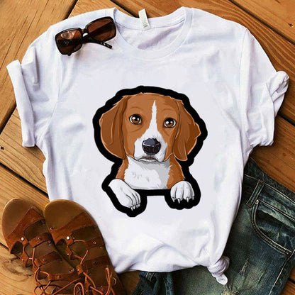 Women’s Summer Kawaii Dog Graphic T-Shirt – Cute Digital Print Casual Short-Sleeve Top