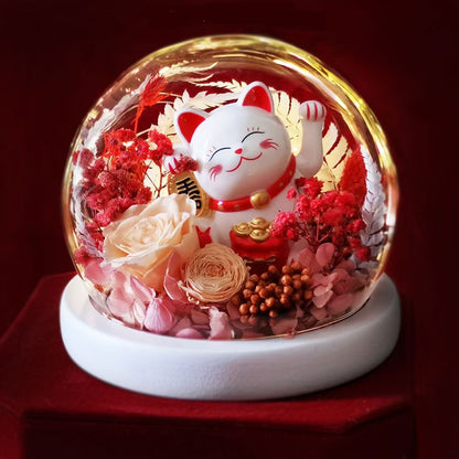 Preserved Rose & Carnation Glass Dome with Lucky Cat – Decorative Gift Ornament