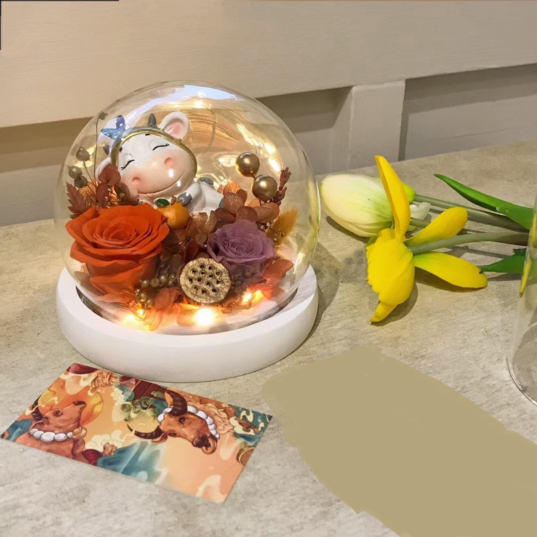 Preserved Rose & Carnation Glass Dome with Lucky Cat – Decorative Gift Ornament