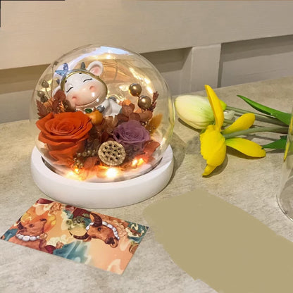 Preserved Rose & Carnation Glass Dome with Lucky Cat – Decorative Gift Ornament