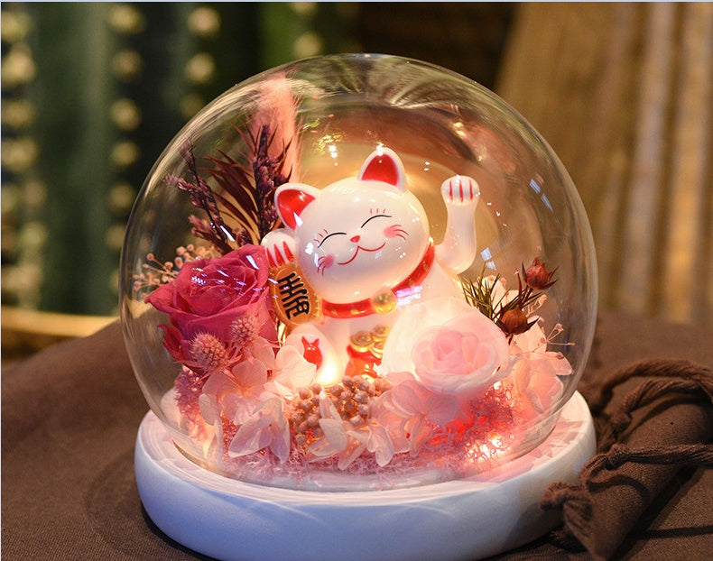 Preserved Rose & Carnation Glass Dome with Lucky Cat – Decorative Gift Ornament