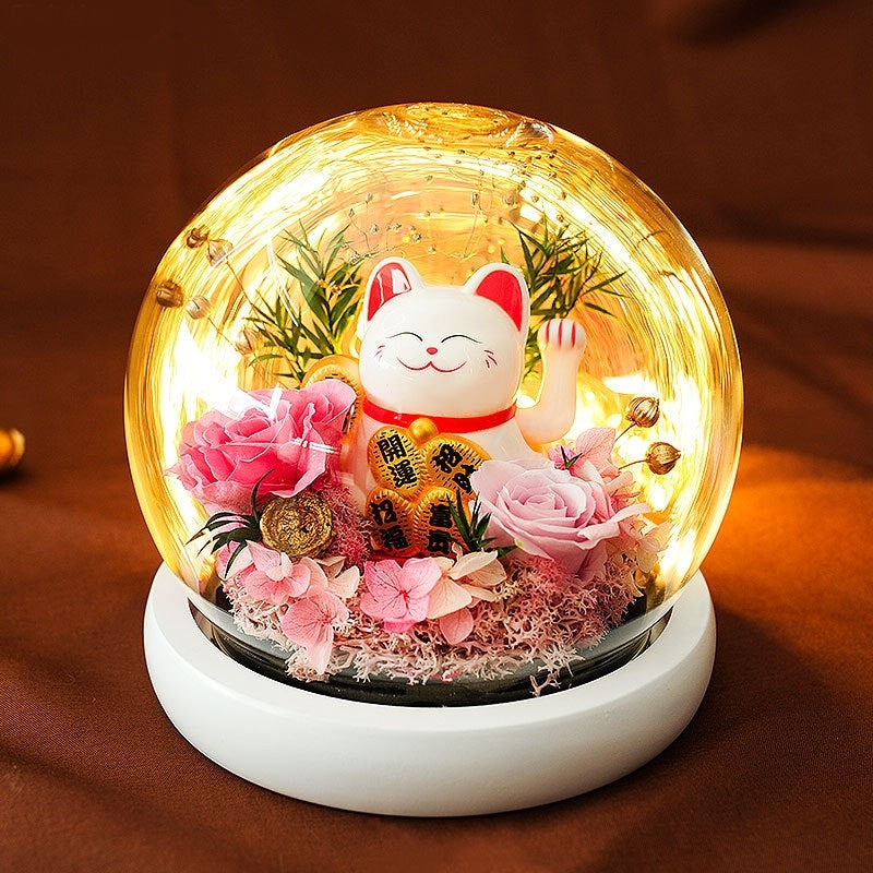 Preserved Rose & Carnation Glass Dome with Lucky Cat – Decorative Gift Ornament
