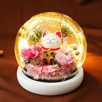 Preserved Rose & Carnation Glass Dome with Lucky Cat – Decorative Gift Ornament