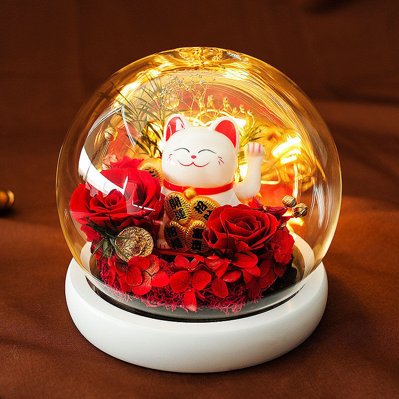 Preserved Rose & Carnation Glass Dome with Lucky Cat – Decorative Gift Ornament