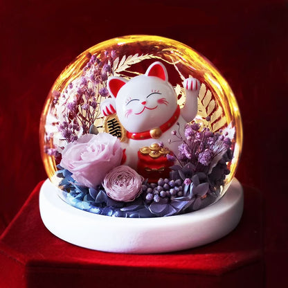 Preserved Rose & Carnation Glass Dome with Lucky Cat – Decorative Gift Ornament