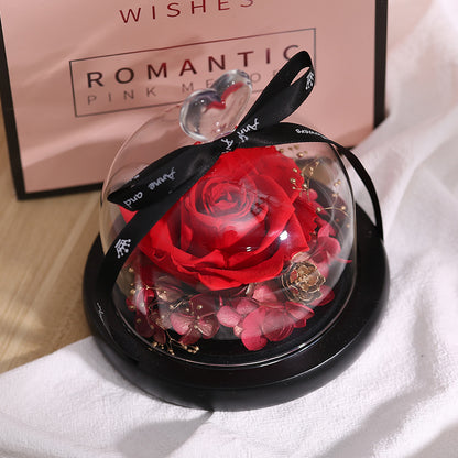 Preserved Rose & Carnation Glass Dome with Lucky Cat – Decorative Gift Ornament