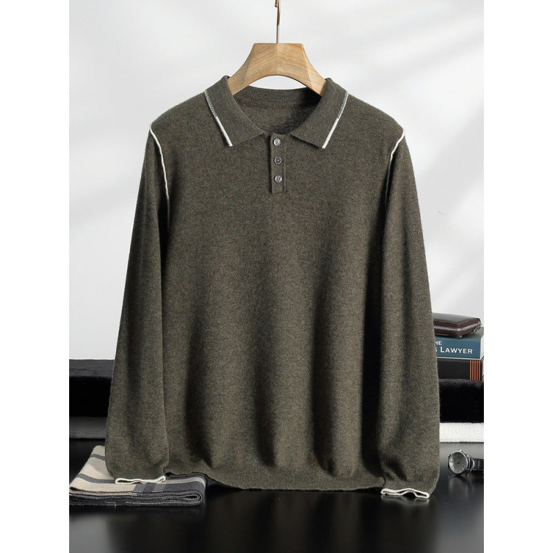 Men's Long Sleeve Polo Collar Casual Fashion Color Block Long Sleeve Knitted Sweater