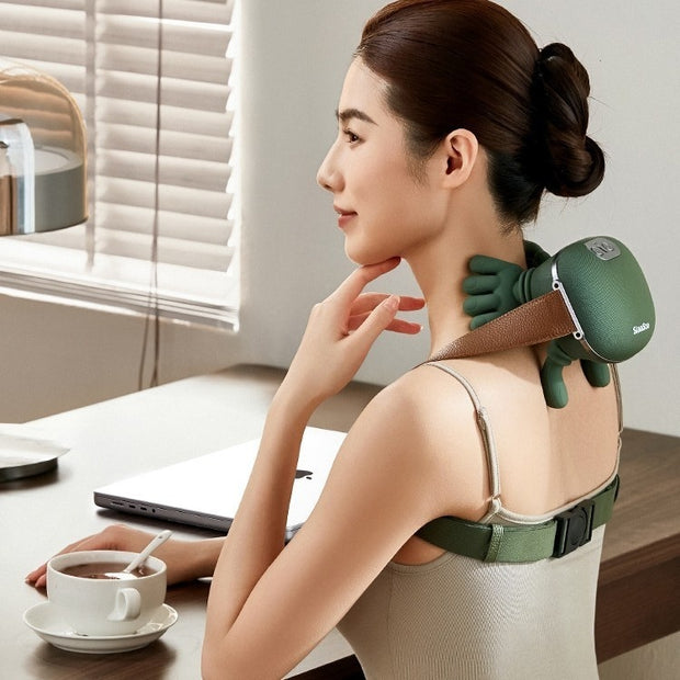 Electric Neck And Shoulder muscle massager used by a woman relaxing at home with soothing heat.
