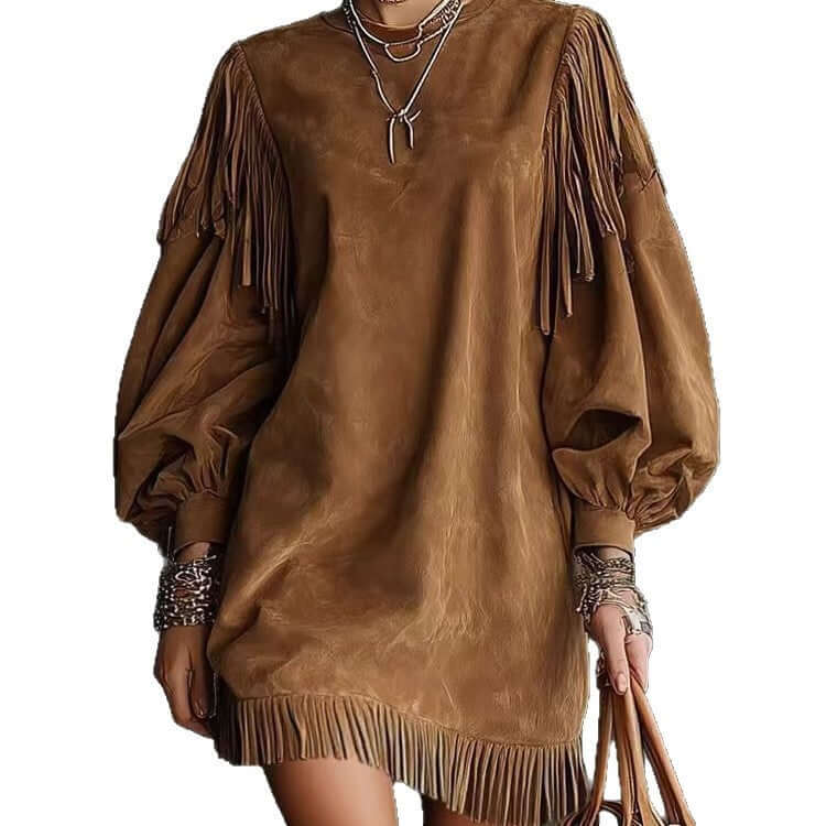 Ladies Fringe Loose Dress – Solid Color Casual Tassel Style Outfit