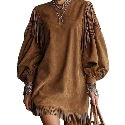Ladies Fringe Loose Dress – Solid Color Casual Tassel Style Outfit
