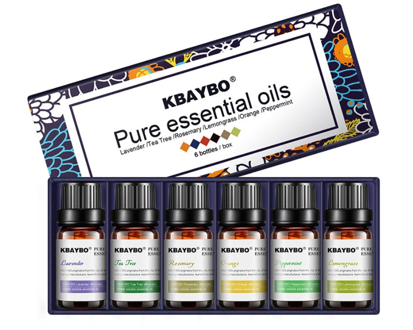 Botanical aromatherapy essential oil set featuring 6 pure essential oils in a decorative box.
