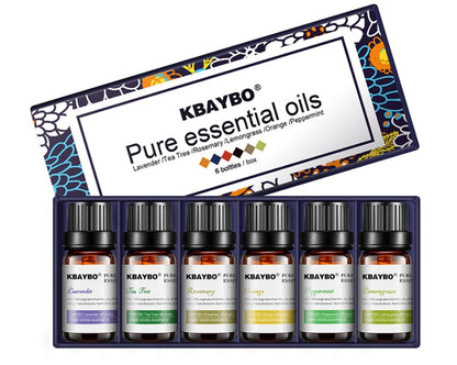 Botanical aromatherapy essential oil set featuring 6 pure essential oils in a decorative box.