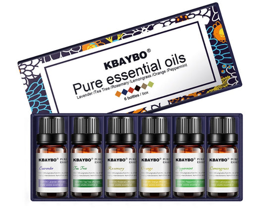 Botanical aromatherapy essential oil set featuring 6 pure essential oils in a decorative box.