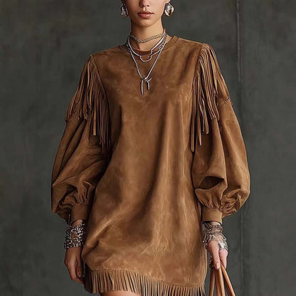 Ladies Fringe Loose Dress – Solid Color Casual Tassel Style Outfit
