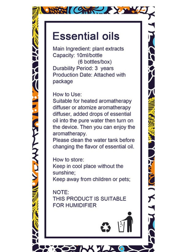 Essential oils label showing usage instructions, main ingredients, and application for botanical aromatherapy essential oil.