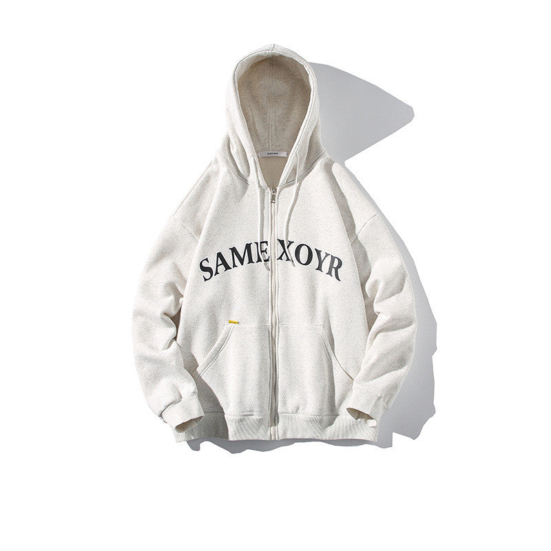 Alphabet-print Hooded Cardigan Sweater On White