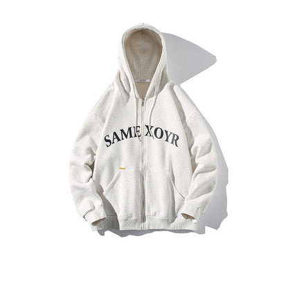 Alphabet-print Hooded Cardigan Sweater On White