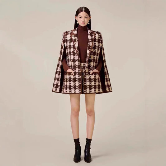 “Women’s Houndstooth Wool Cape Coat & Shorts Set Winter Outfit”