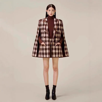 “Women’s Houndstooth Wool Cape Coat & Shorts Set Winter Outfit”