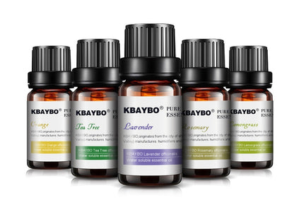 set of KBAYBO botanical aromatherapy essential oils including Orange, Tea Tree, Lavender, Rosemary, and Lemongrass.
