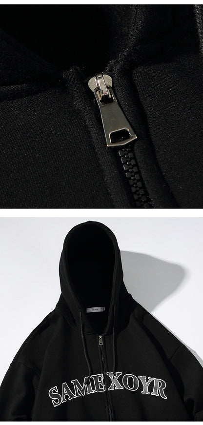 Alphabet-print Hooded Cardigan Sweater On White