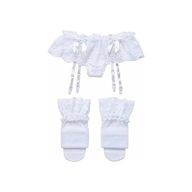 White Color Women’s Lace Garter Stockings Set With Contrast Mesh