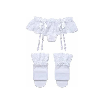 White Color Women’s Lace Garter Stockings Set With Contrast Mesh