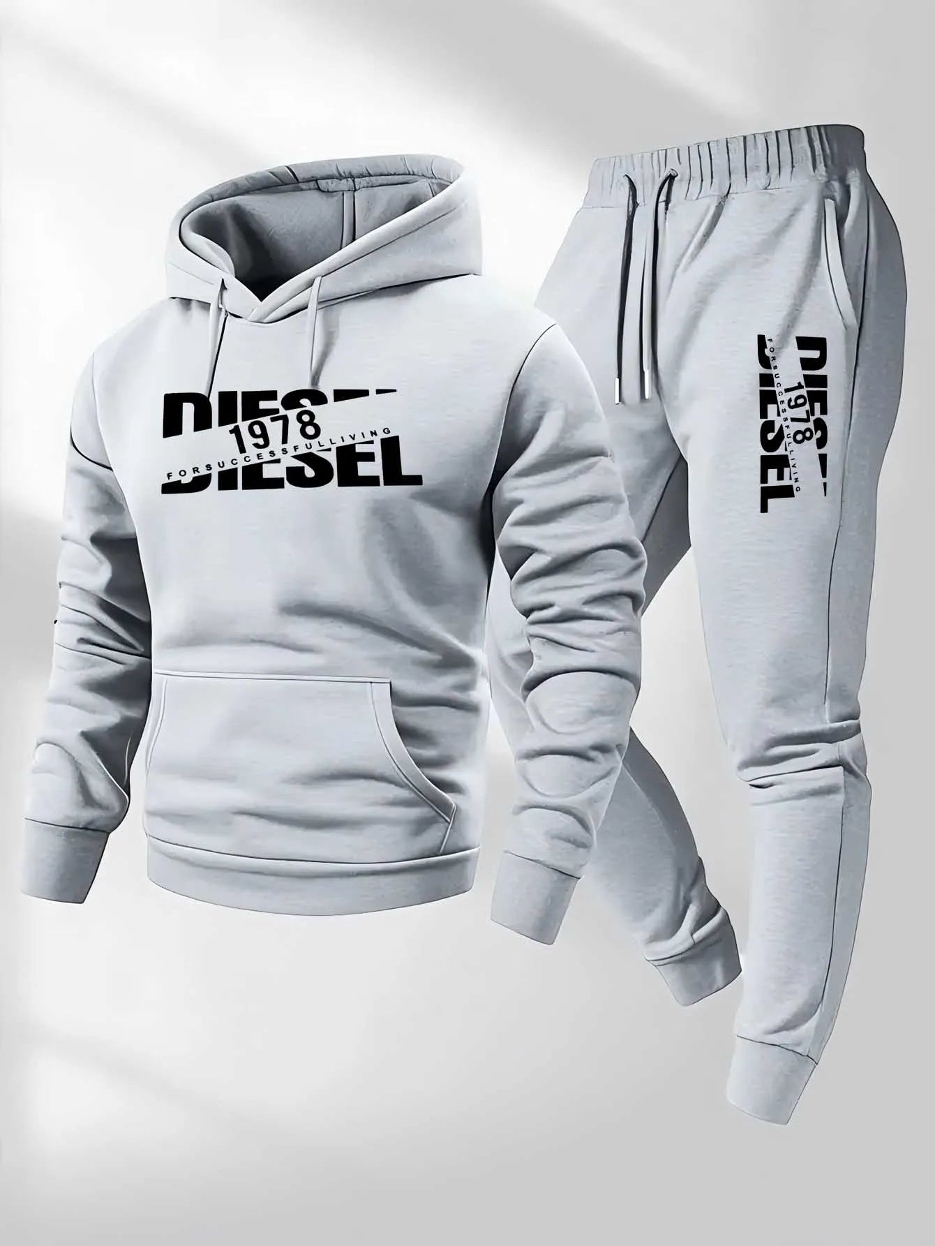 2 Color Men's Printed Hoodie Tracksuit Set With Jogger Pants