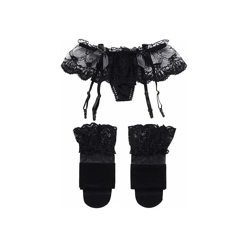 Black Color Women’s Lace Garter Stockings Set With Contrast Mesh