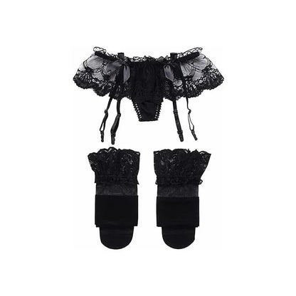 Black Color Women’s Lace Garter Stockings Set With Contrast Mesh