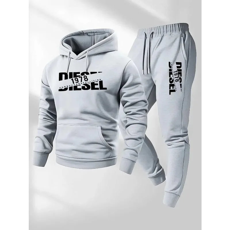 Men's Printed Hoodie Tracksuit Set With Jogger Pants