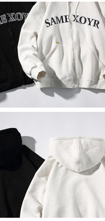 Alphabet-print Hooded Cardigan Sweater On White