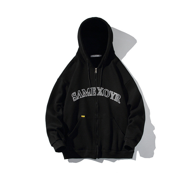 Alphabet-print Hooded Cardigan Sweater On White