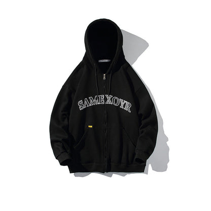 Alphabet-print Hooded Cardigan Sweater On White