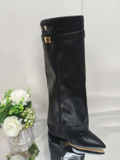 Women’s Mid-Calf Winter Boots with Pointed Toe and Chunky Heel